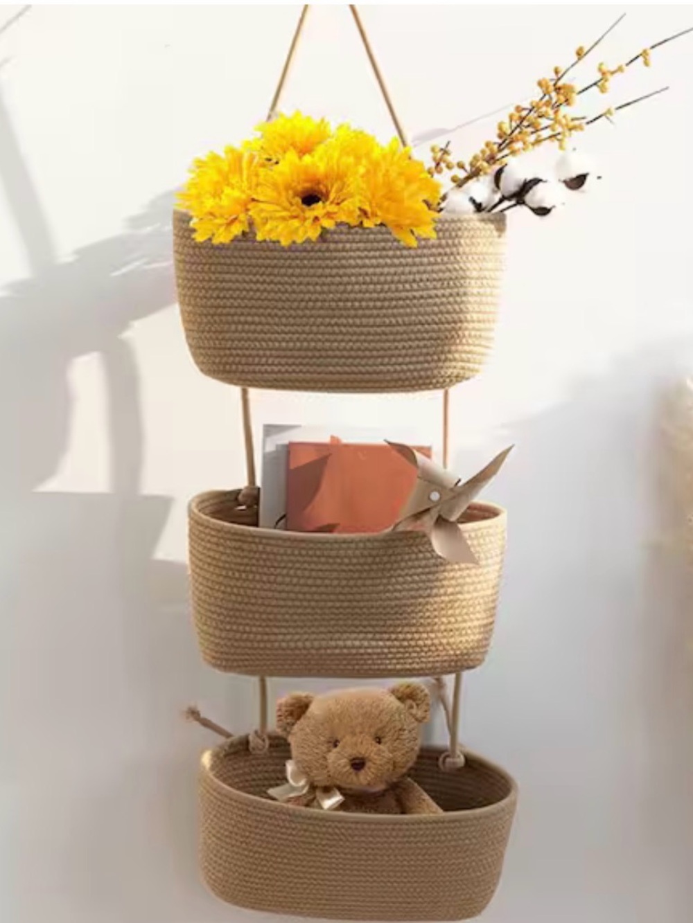Hanging 3-Tier Woven Storage Baskets - Natural